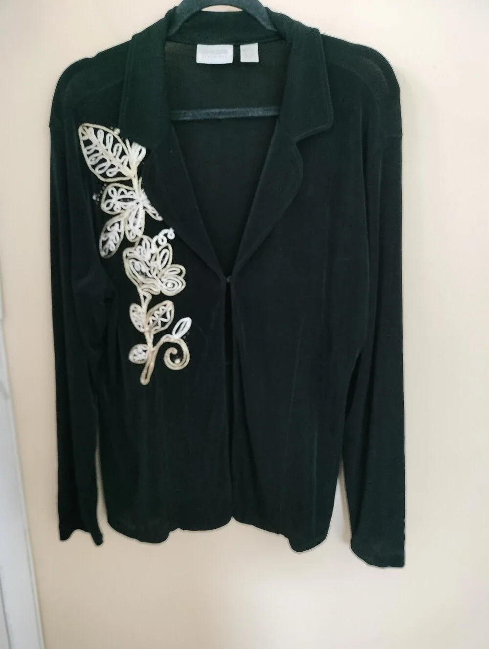 Chico's Travelers Black Floral Embroidery Cardigan 3 Stretch Office Chic Travel
